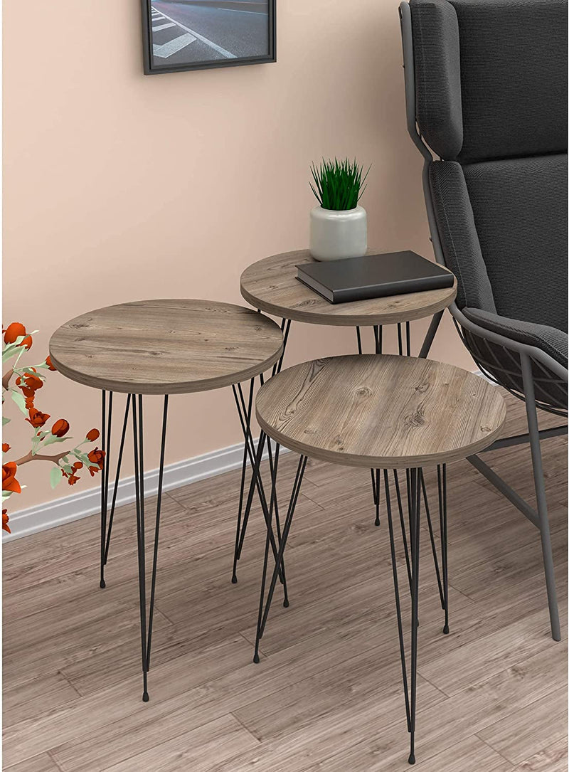 Grey Pine Wood Nesting End Tables Set of 3